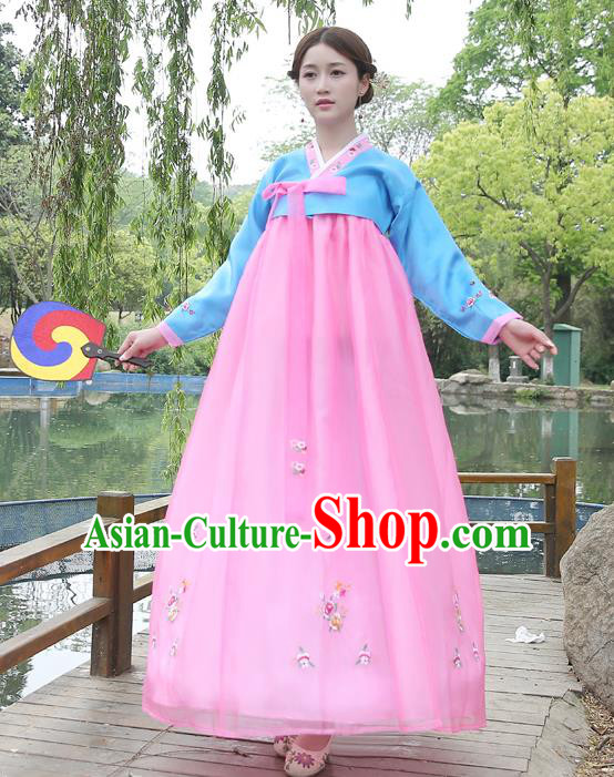 Asian Korean Court Costumes Traditional Korean Bride Hanbok Clothing Blue Blouse and Pink Dress for Women