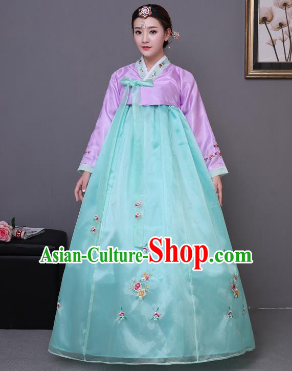 Asian Korean Court Costumes Traditional Korean Bride Hanbok Clothing Purple Blouse and Green Dress for Women