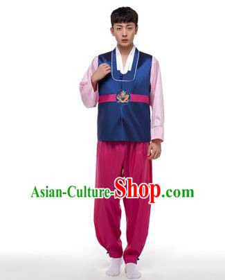 Asian Korean Palace Costumes Traditional Korean Bridegroom Navy Hanbok Clothing for Men
