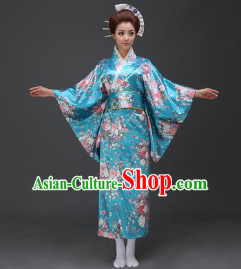 Asian Japanese Traditional Costumes Japan Printing Flowers Blue Satin Furisode Kimono Yukata Dress Clothing for Women