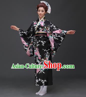 Asian Japanese Traditional Costumes Japan Printing Flowers Black Satin Furisode Kimono Yukata Dress Clothing for Women