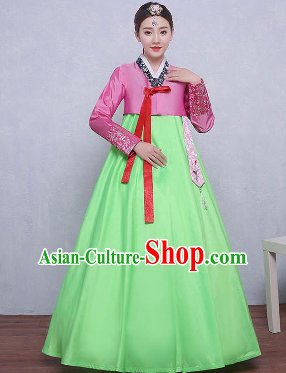 Asian Korean Dance Costumes Traditional Korean Dress Hanbok Clothing Pink Blouse and Green Skirt for Women
