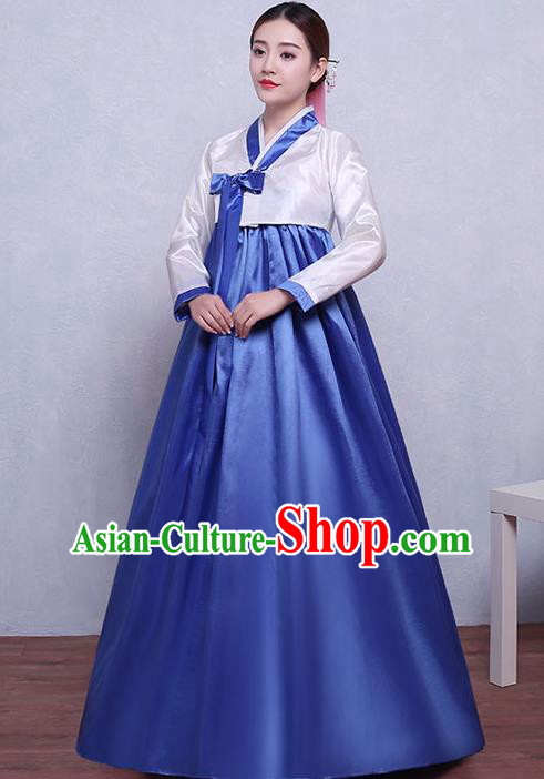 Asian Korean Dance Costumes Traditional Korean Hanbok Clothing White Blouse and Blue Dress for Women
