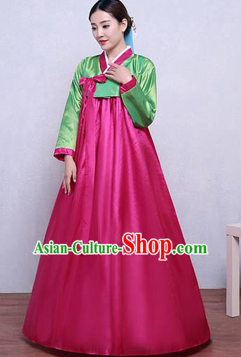 Asian Korean Dance Costumes Traditional Korean Hanbok Clothing Green Blouse and Rosy Dress for Women