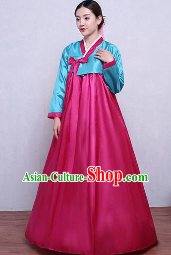 Asian Korean Dance Costumes Traditional Korean Hanbok Clothing Blue Blouse and Rosy Dress for Women