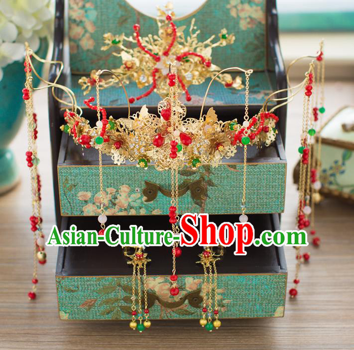 Chinese Handmade Classical Wedding Hair Accessories Ancient Xiuhe Suits Tassel Phoenix Coronet Hairpins for Women
