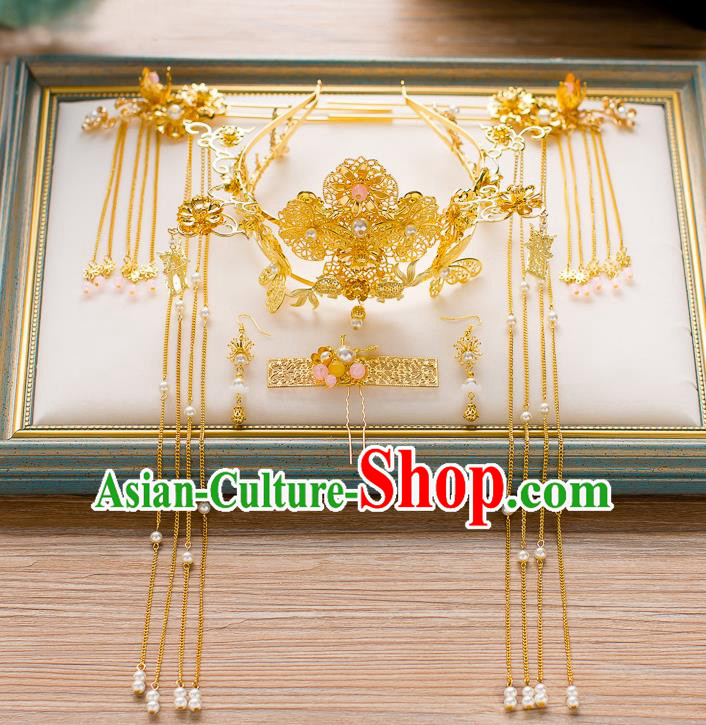 Chinese Handmade Classical Wedding Hair Accessories Ancient Xiuhe Suits Golden Phoenix Coronet Hairpins for Women