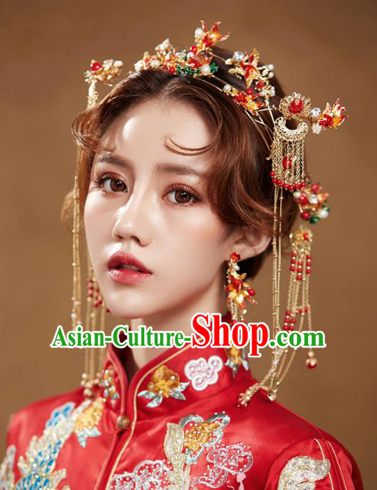 Chinese Handmade Classical Wedding Hair Accessories Ancient Tassel Hairpins Red Phoenix Coronet for Women