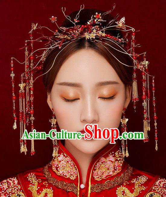 Chinese Handmade Classical Wedding Hair Accessories Ancient Tassel Hairpins Red Step Shake for Women