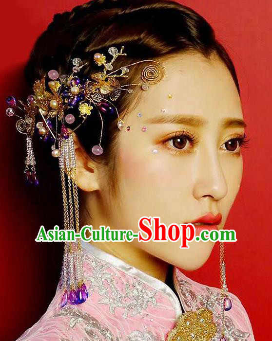 Chinese Handmade Classical Wedding Hair Accessories Ancient Tassel Hairpins and Earrings for Women