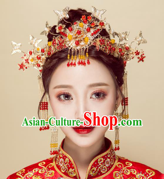 Chinese Handmade Classical Wedding Hair Accessories Ancient Xiuhe Suits Butterfly Phoenix Coronet Hairpins for Women