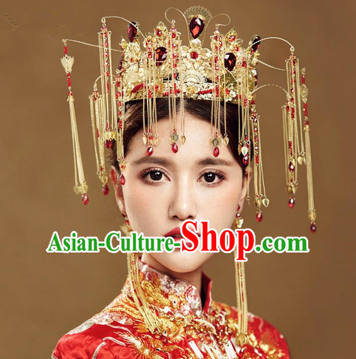 Chinese Handmade Classical Wedding Hair Accessories Ancient Tassel Phoenix Coronet Hairpins Headdress for Women
