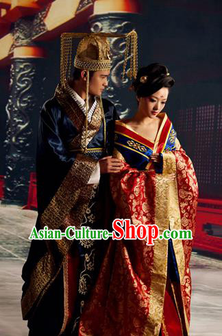 Traditional Chinese Ancient Imperial Emperor and Empress Embroidered Costume Complete Set