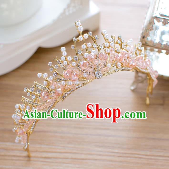 Handmade Classical Hair Accessories Baroque Pink Crystal Beads Royal Crown Princess Coronet for Women