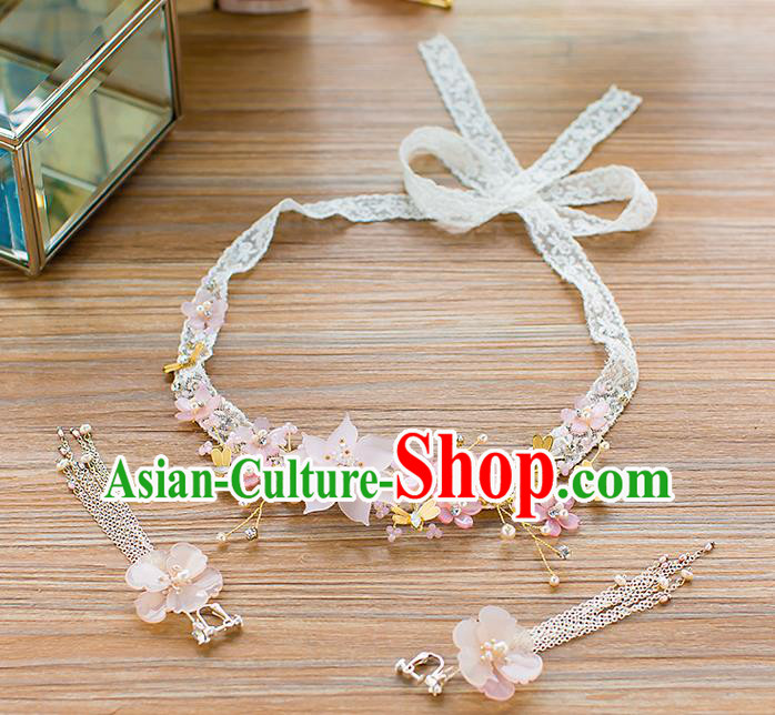 Handmade Classical Wedding Hair Accessories Bride Hair Clasp Pink Flowers Lace Headband for Women
