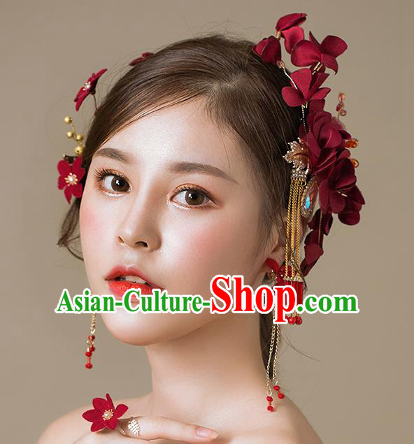 Handmade Classical Wedding Hair Accessories Bride Red Flowers Hair Claw Headwear for Women