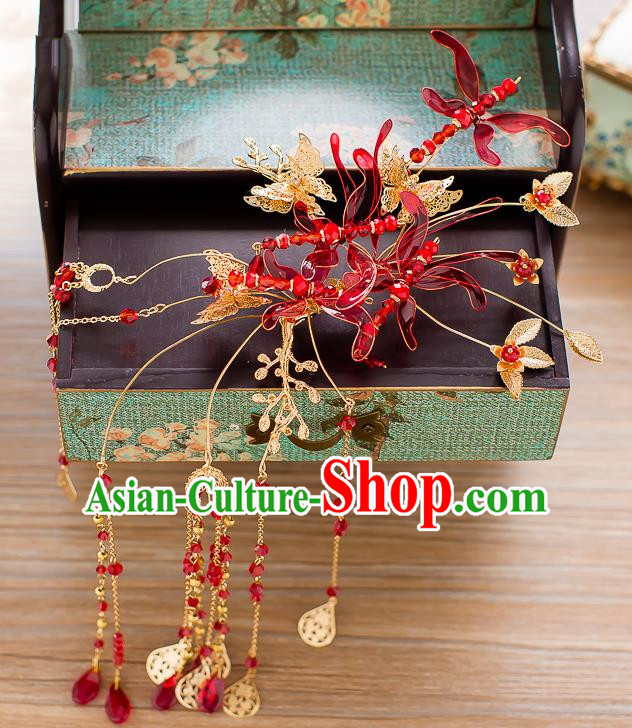 Handmade Classical Wedding Hair Accessories Bride Red Flowers Tassel Hair Stick Hairpins Headwear for Women