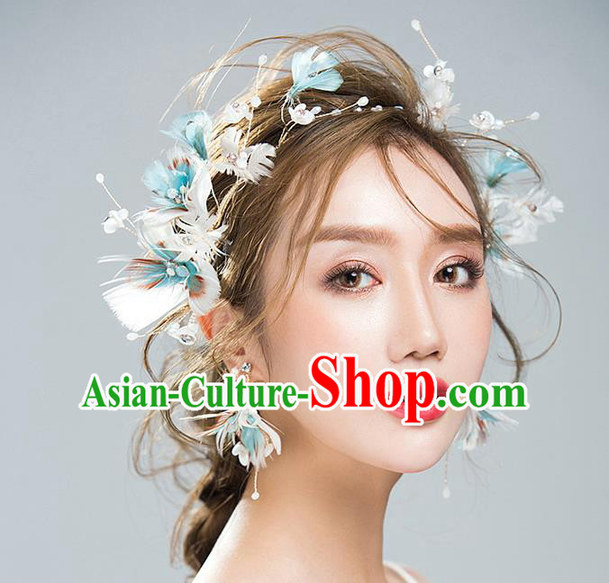 Handmade Classical Wedding Hair Accessories Bride Feather Hair Clasp and Earrings Headwear for Women