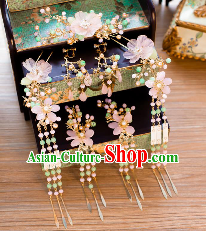 Chinese Handmade Classical Hair Accessories Ancient Pink Flowers Hair Clip Tassel Hairpins for Women
