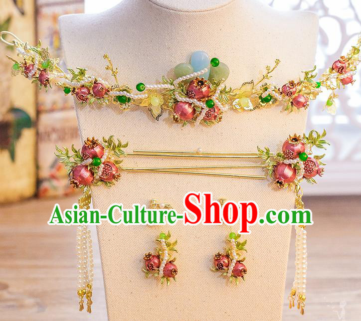 Chinese Handmade Classical Hair Accessories Ancient Bride Pomegranate Hair Clasp Tassel Hairpins for Women