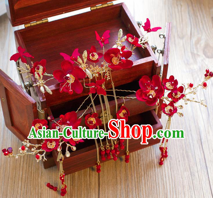 Chinese Handmade Classical Hair Accessories Ancient Bride Red Flowers Hair Coronet Tassel Hairpins for Women