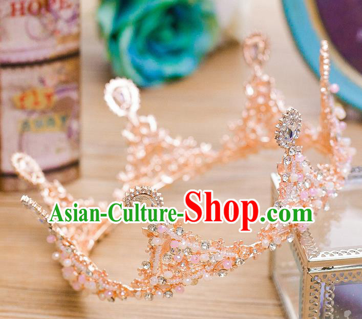Handmade Classical Hair Accessories Baroque Pink Round Crystal Royal Crown Headwear for Women