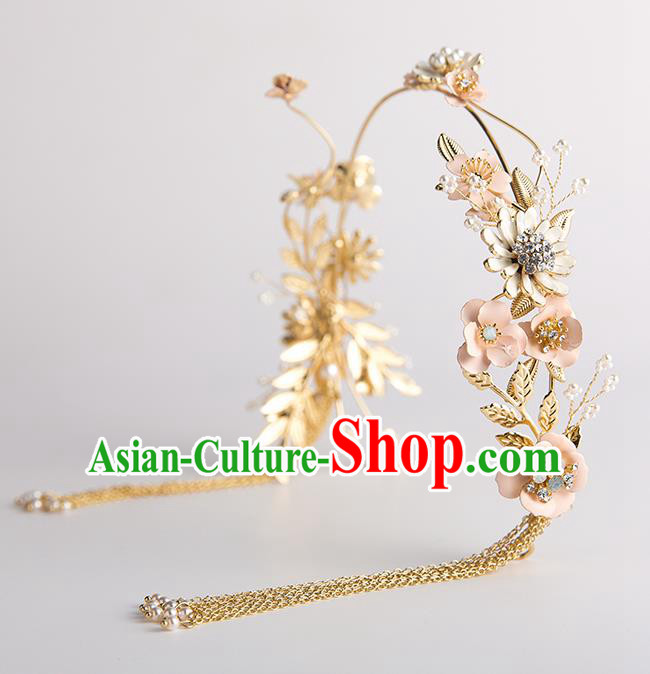 Handmade Classical Wedding Hair Accessories Bride Golden Flowers Tassel Hair Clasp Headwear for Women