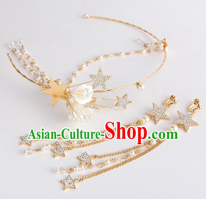 Handmade Classical Wedding Hair Accessories Bride Golden Stars Hair Clasp and Earrings Headwear for Women