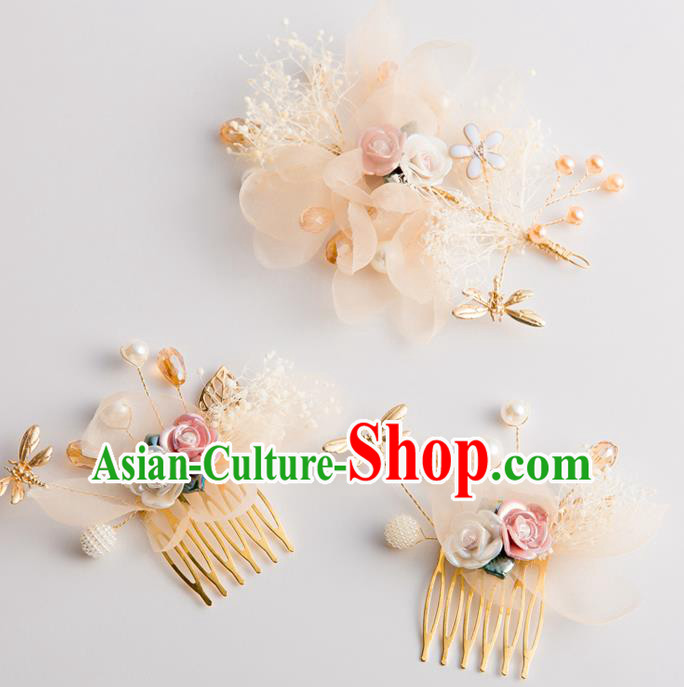 Handmade Classical Wedding Hair Accessories Bride Champagne Silk Hair Comb Hairpins Headwear for Women