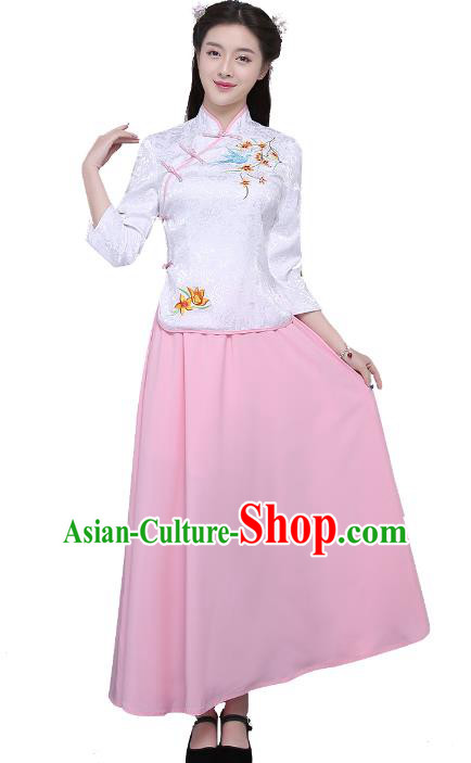 Traditional Republic of China Nobility Lady Costume Embroidered Cheongsam White Blouse and Pink Skirts for Women