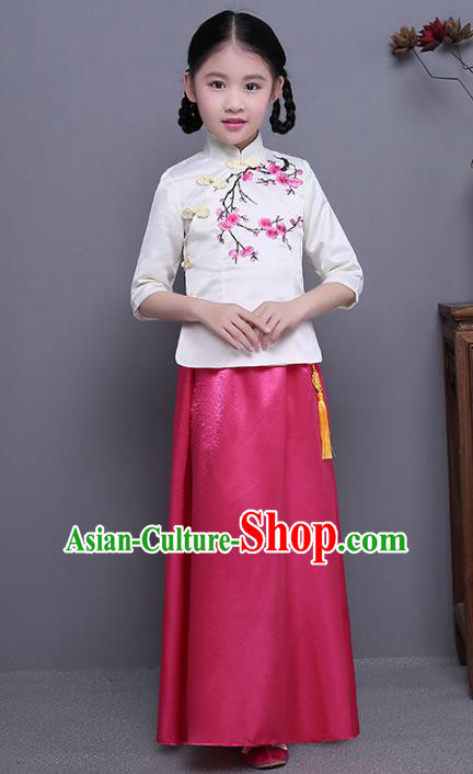 Traditional Republic of China Nobility Lady Costume Embroidered Cheongsam White Blouse and Pink Skirts for Kids