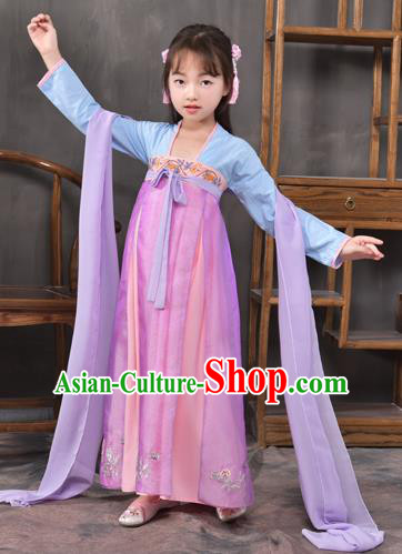 Traditional China Tang Dynasty Princess Pink Costume, Chinese Ancient Palace Lady Hanfu Clothing for Kids