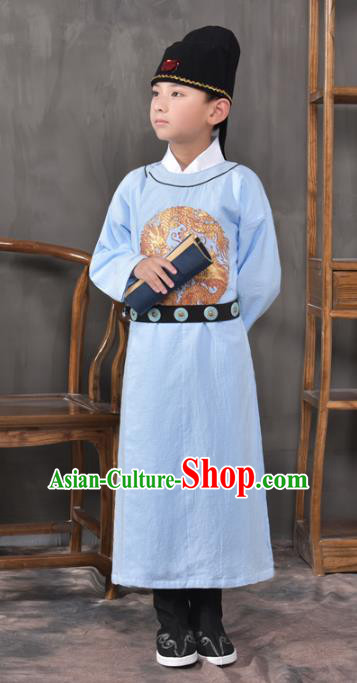 Traditional China Tang Dynasty Imperial Bodyguard Costume, Chinese Ancient Swordsman Blue Clothing for Kids