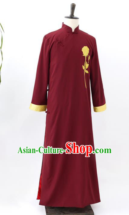 Traditional Republic of China Nobility Childe Costume, Chinese Cross Talke Clothing Wine Red Long Robe for Men