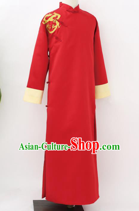 Traditional Republic of China Nobility Childe Costume, Chinese Cross Talke Clothing Red Long Robe for Men