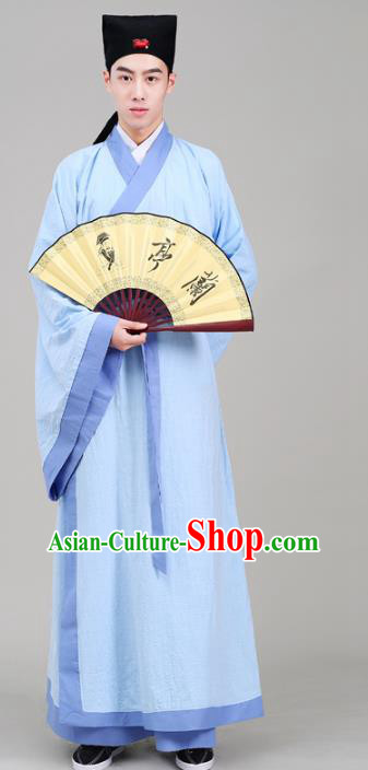Traditional China Han Dynasty Scholar Costume Blue Robe, Chinese Ancient Chancellor Hanfu Clothing for Men