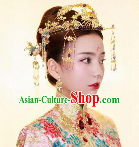 Chinese Handmade Classical Hair Accessories Xiuhe Suit Bride Tassel Phoenix Coronet Hairpins Complete Set for Women