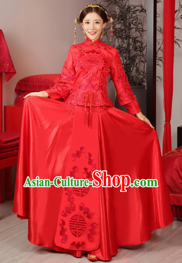 Traditional Ancient Chinese Wedding Costume Bride Embroidered Cheongsam Xiuhe Suits for Women