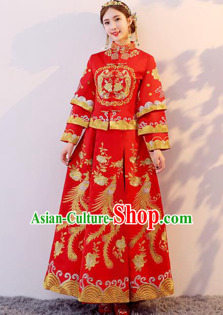 Traditional Chinese Wedding Costume Xiuhe Suit Ancient Bride Embroidered Phoenix Cheongsam for Women