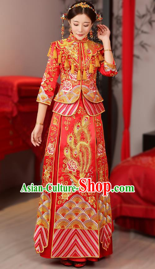 Traditional Chinese Wedding Costume Ancient Bride Embroidered Phoenix Peony Red Xiuhe Suits Dress for Women