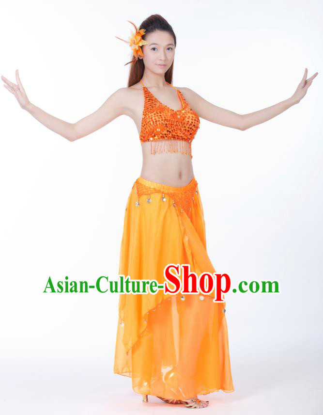 Indian Bollywood Belly Dance Orange Tassel Dress Clothing Asian India Oriental Dance Costume for Women