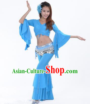 Indian National Belly Dance Mandarin Sleeve Clothing India Oriental Dance Blue Costume for Women