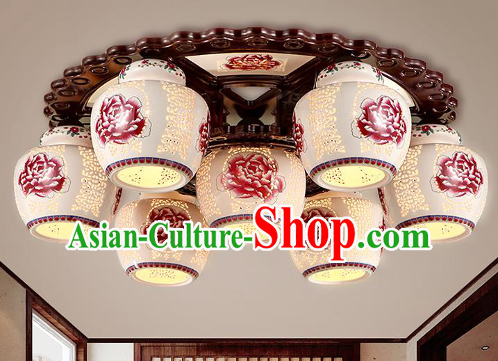 Traditional Chinese Painting Red Peony Ceiling Palace Lanterns Handmade Seven-Lights Porcelain Lantern Ancient Lamp