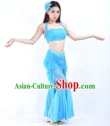 Indian National Belly Dance Blue Lace Suits Bollywood Oriental Dance Costume for Women