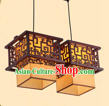 Traditional Chinese Two-Lights Palace Lanterns Handmade Wood Hanging Lantern Ancient Ceiling Lamp