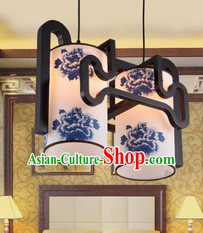 Traditional Chinese Painting Peony Two-Lights Ceiling Palace Lanterns Handmade Wood Hanging Lantern Ancient Lamp