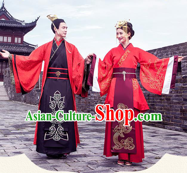 Ancient Chinese Han Dynasty Palace Bride and Bridegroom Embroidered Wedding Costume Complete Set