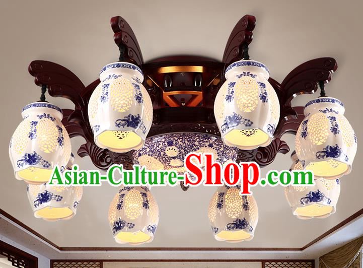 Traditional Chinese Painting Ceiling Palace Lanterns Handmade Eight-Lights Blue Porcelain Lantern Ancient Lamp