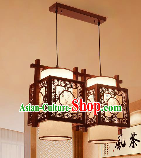 Traditional Asian Wood Carving Lanterns Handmade Two-Lights Ceiling Lantern Ancient Hanging Lamp