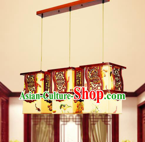 Traditional Chinese Wood Carving Hanging Lanterns Handmade Painting Three-Lights Palace Ceiling Lantern Ancient Lamp
